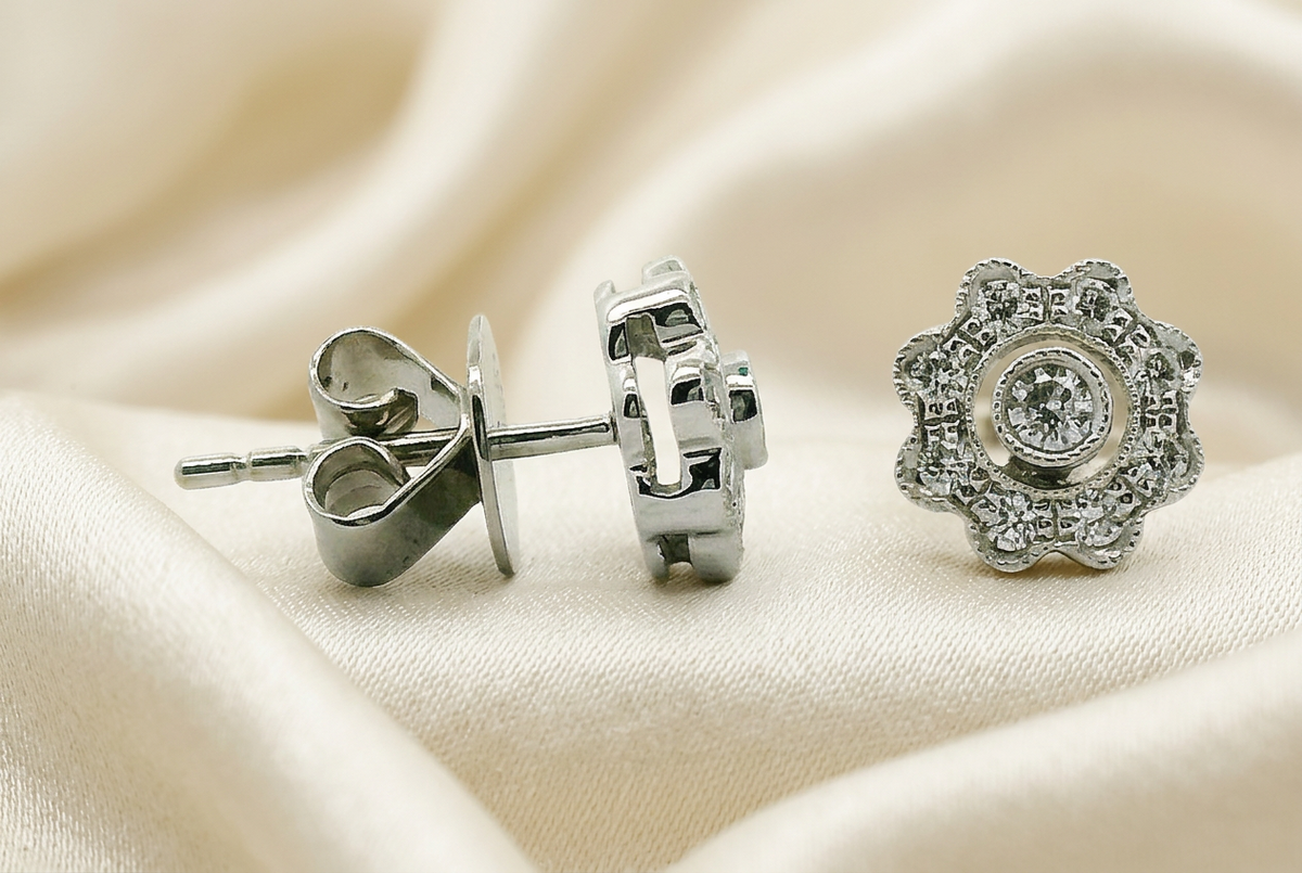 14K White gold diamond floral studs
