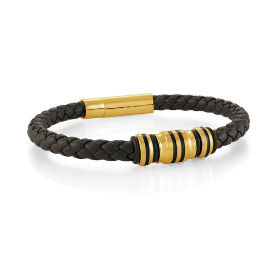 Gold Ion Plated With Black Lines - Black Leather Bracelet