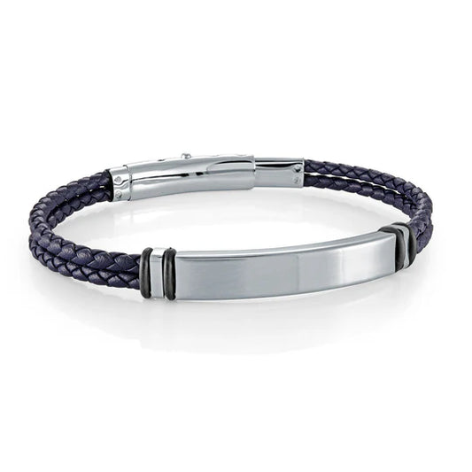 Black Ion Plated Double Strand Blue Leather Bracelet