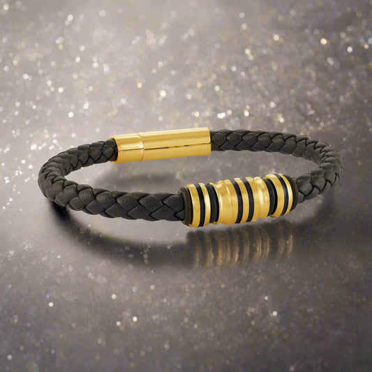 Gold Ion Plated With Black Lines - Black Leather Bracelet