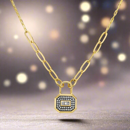 Paperclip Necklace With Lock Containing Br Diamonds And Baguette Diamonds