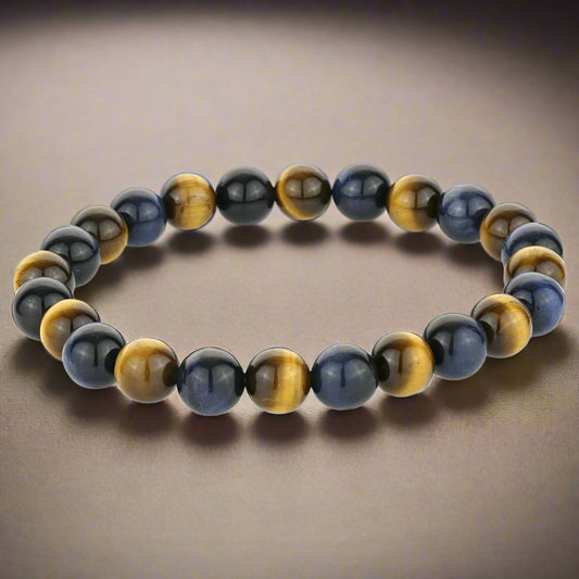 BLUE & YELLOW TIGERS EYE 8MM BEADED BRACELET