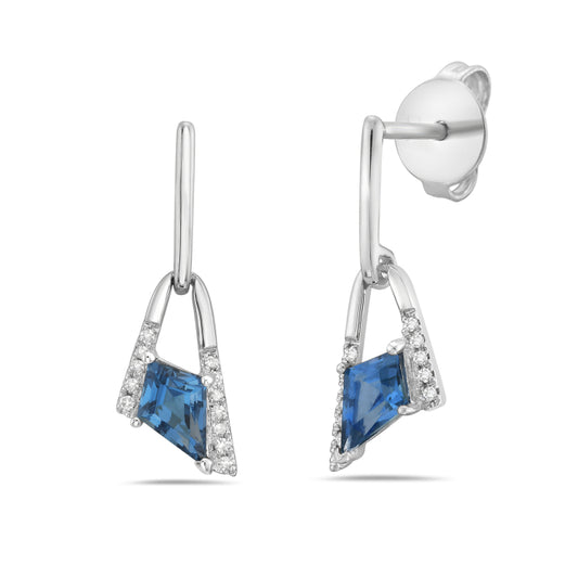 Diamonds With Kite Shaped London Blu Topaz Earrings