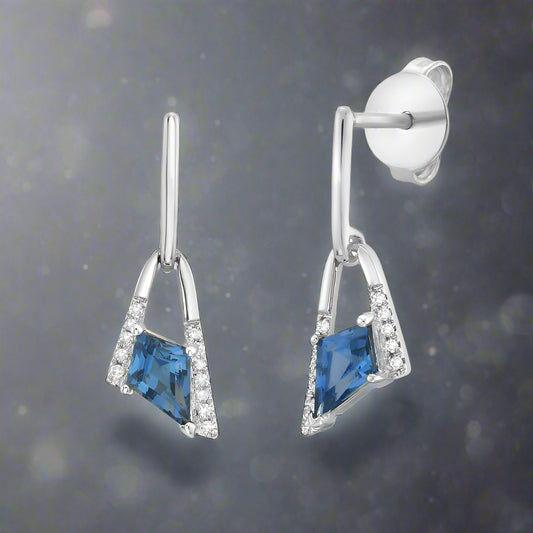 Diamonds With Kite Shaped London Blu Topaz Earrings