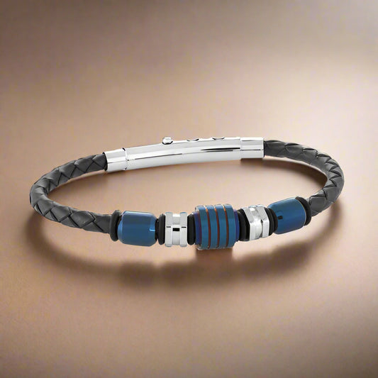 Blue Ion Plated Mix Beads Blue Leather Adjustable Bracelet