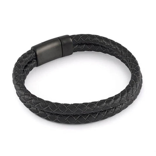 Black Leather Double Strand Fashion Bracelet