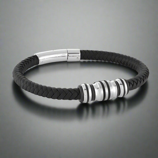 Black IP Beads Black Leather Bracelet