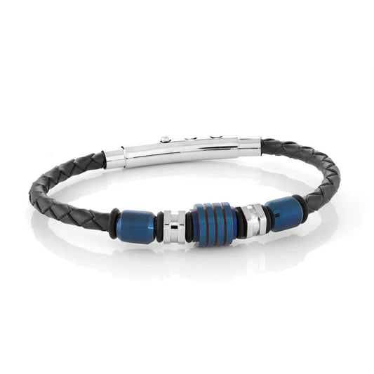 Blue Ion Plated Mix Beads Blue Leather Adjustable Bracelet