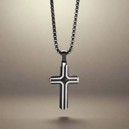 Pave Black Ion Plated Black CZ Cross Pendant With Chain