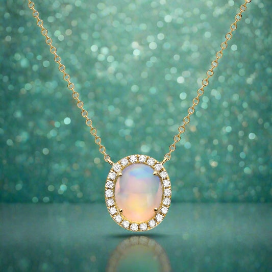 Opal Accented With Diamond Pendant With Chain