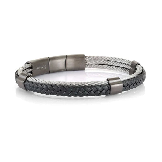 Gun Ion Plated 2 Way Clasp- Black Leather Bracelet