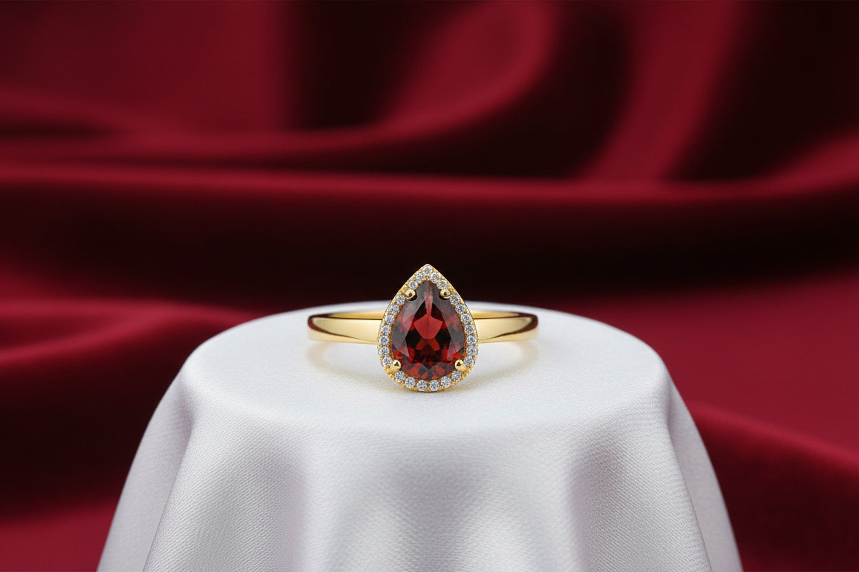 Pear Shape Garnet & Diamond Halo Ring