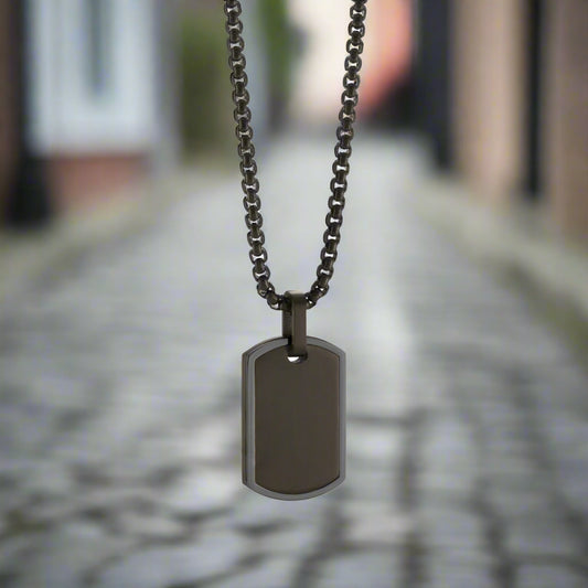 Gun Ion Plated Stainless Steel Matte/Polished Dog Tag With Round Box Chain