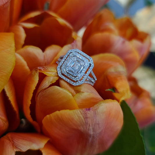 Double Halo Emerald Cut Diamond ring