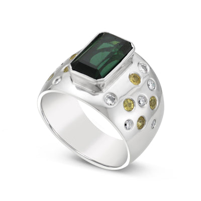 Green Tourmaline, Yellow Sapphire & Diamond Ring