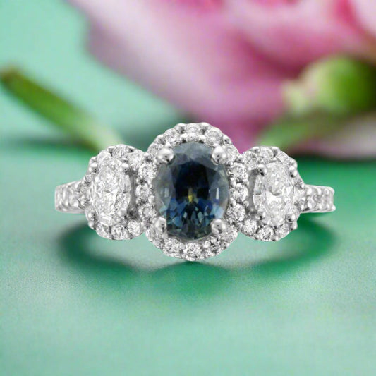 Blue-Green Sapphire Diamond Ring