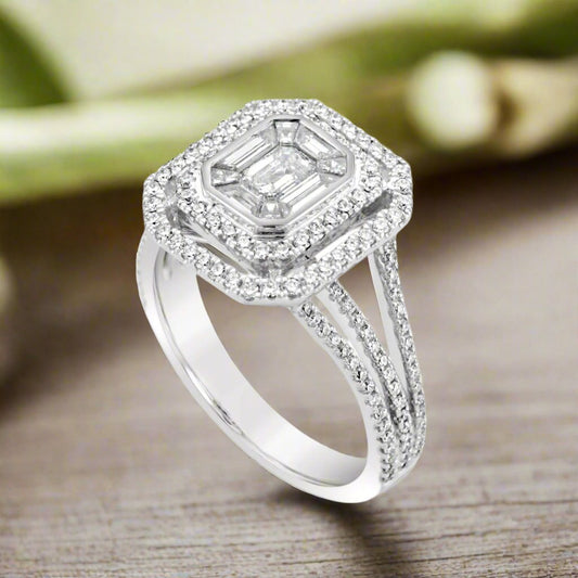 Double Halo Emerald Cut Diamond ring