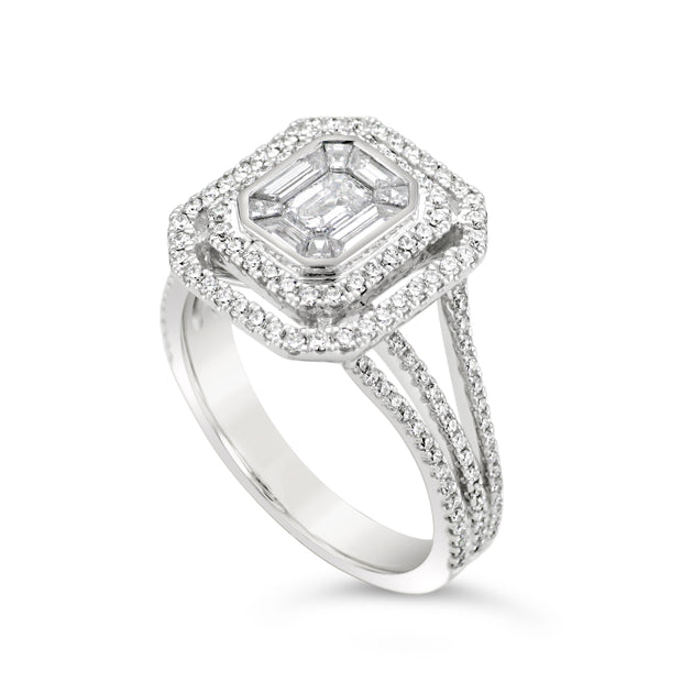 Double Halo Emerald Cut Diamond ring